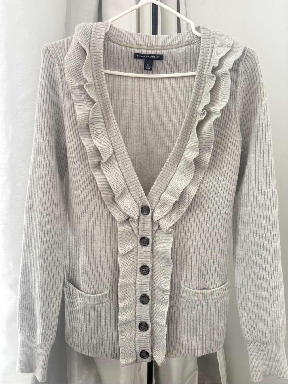 Banana Republic Women's Ruffle-Trim Ribbed Merino Wool Cardigan Sweater
